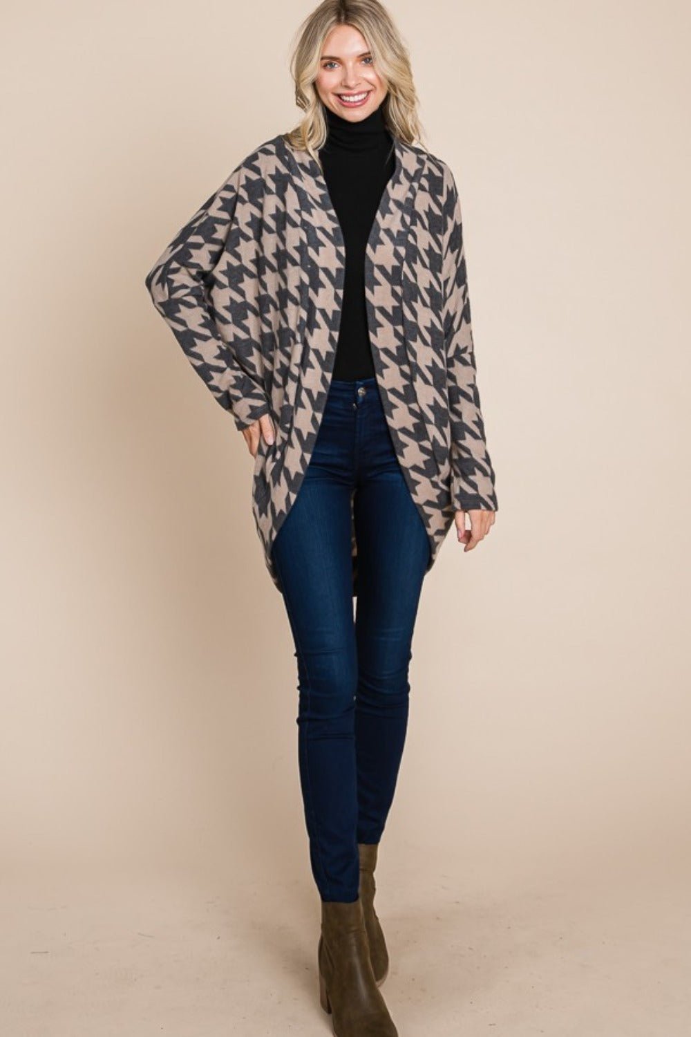BOMBOM - Houndstooth Open Front Cocoon Knit Cardigan