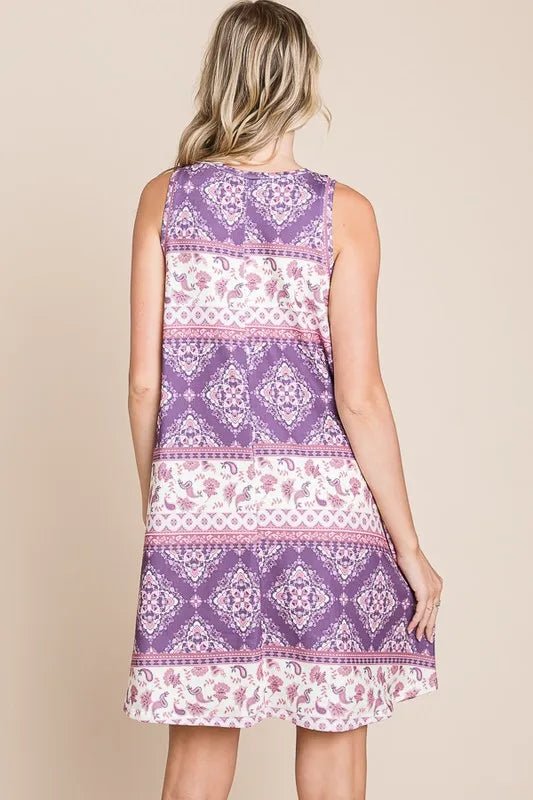 BOMBOM - Lavender & Blush Boho Print Sleeveless Mini Dress