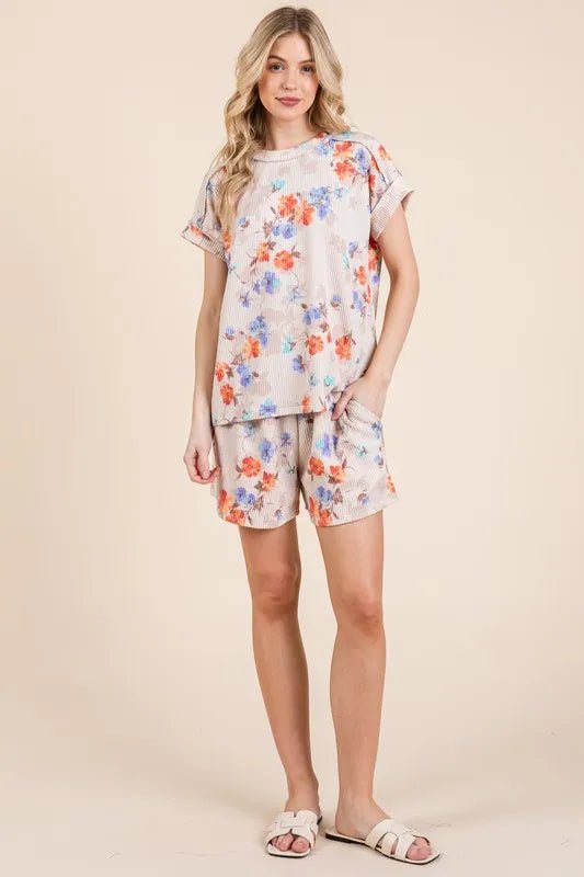 BOMBOM - Oatmeal Ribbed Tee – Orange & Blue Floral