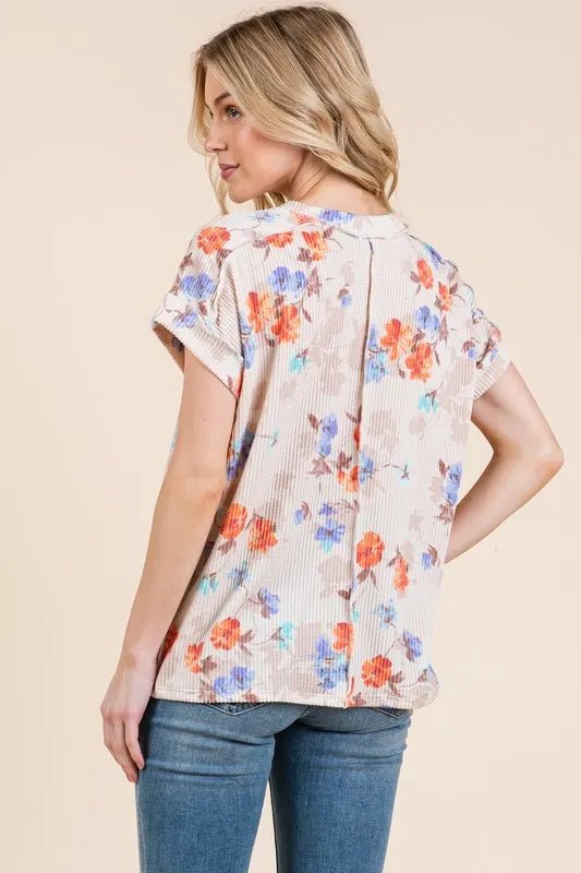 BOMBOM - Oatmeal Ribbed Tee – Orange & Blue Floral