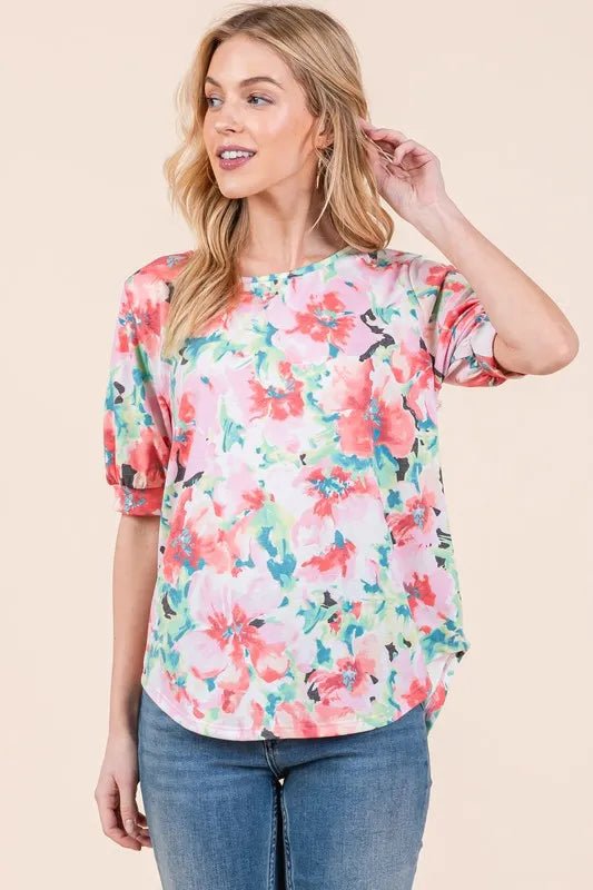 BOMBOM - Pastel Watercolor Floral Puff Sleeve Top