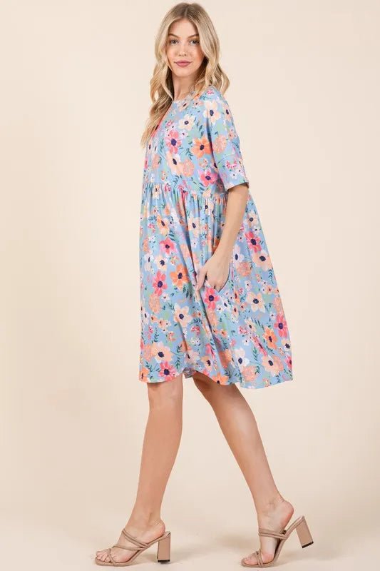 BOMBOM - Sky Blue Multi Floral Babydoll Mini Dress
