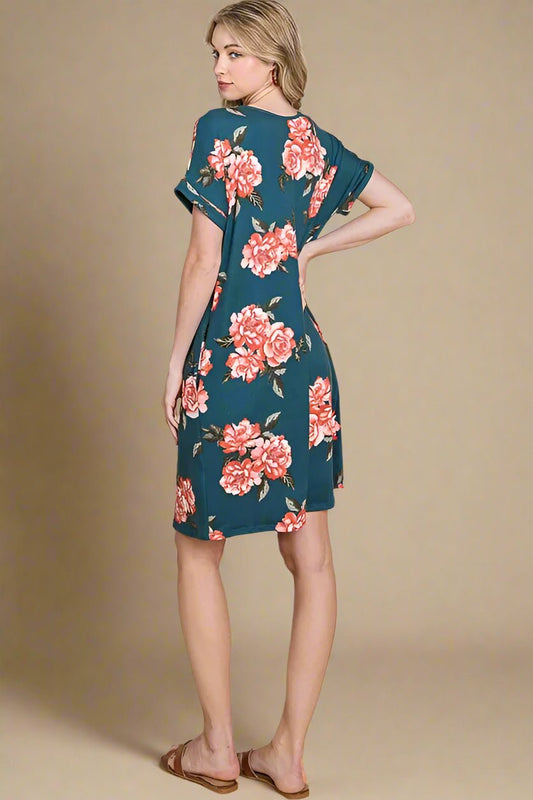 BOMBOM - Teal Rose Garden Pocket Mini Dress