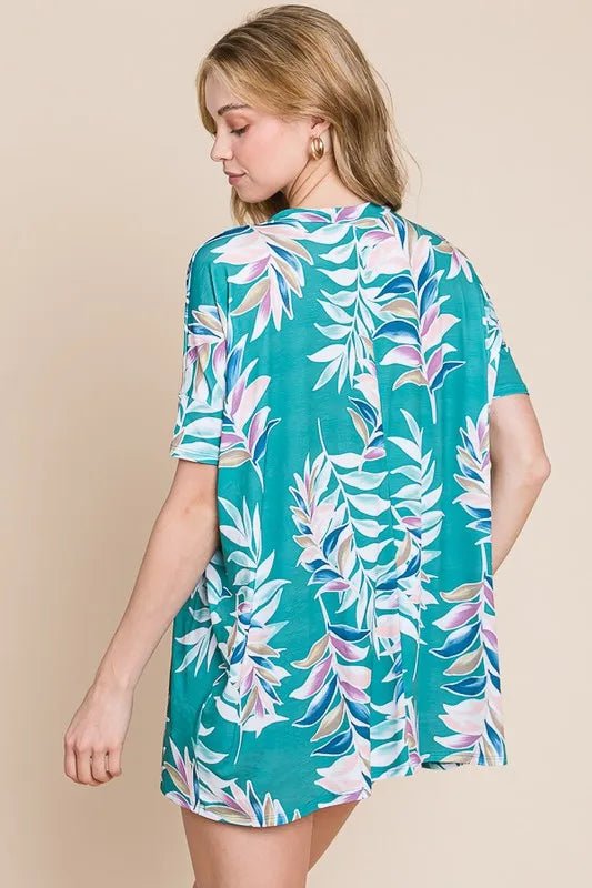BOMBOM - Teal Tropical Leaf Print V - Neck Tee