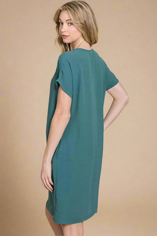 BOMBOM - Teal V - Neck Pocket Tee Mini Dress