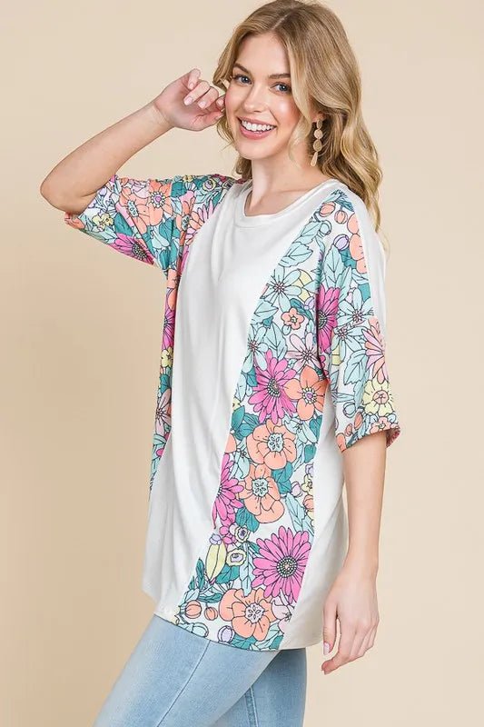 BOMBOM - White Floral Sleeve Colorblock Top