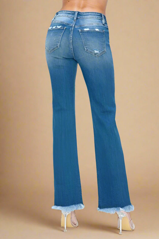 BYTOS - Medium Wash Raw Hem Distressed Mid Rise Straight Leg Jeans