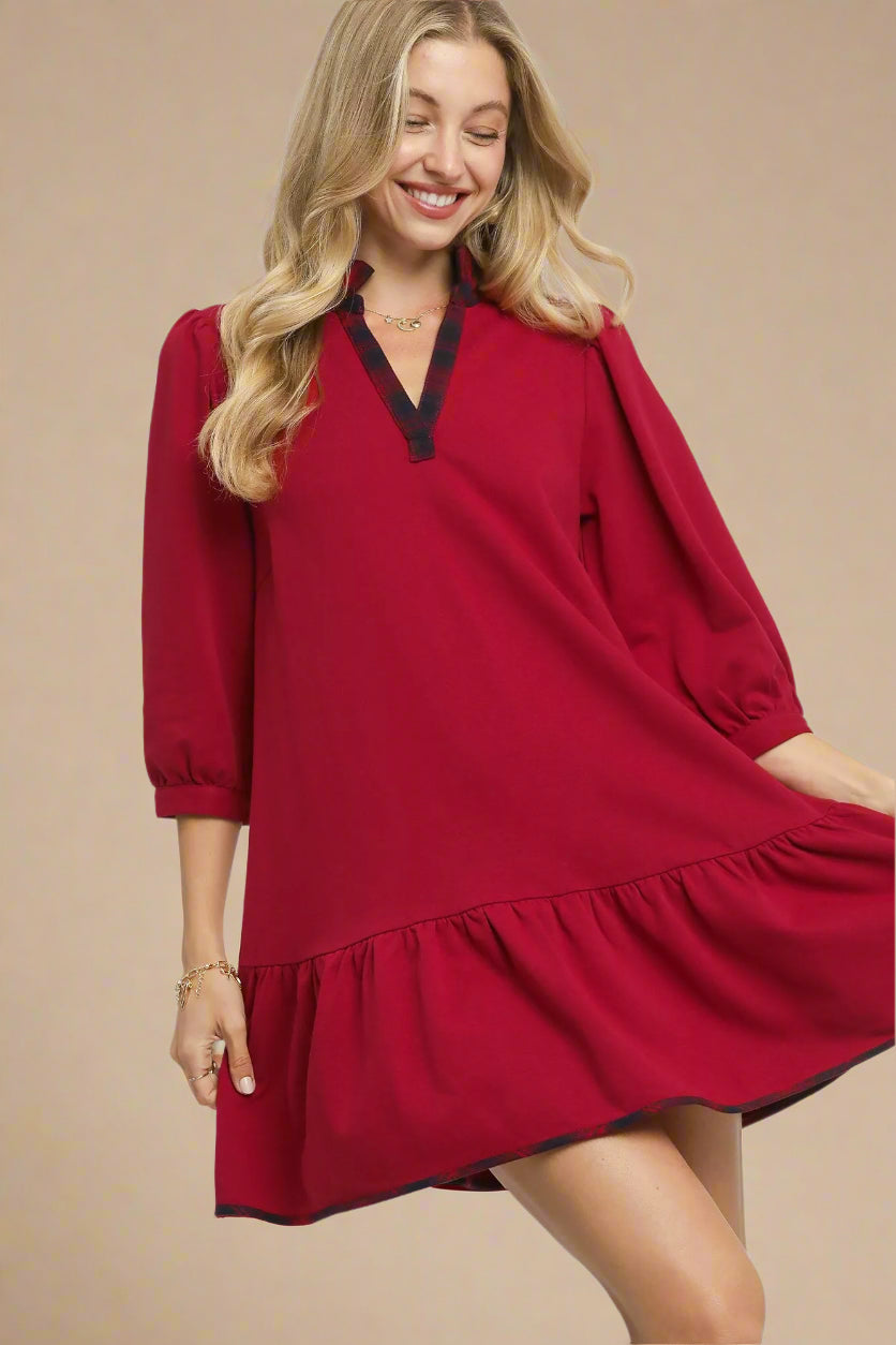 crimson mini dress UMGEE Crimson Ruffle Hem V-Neck Mini Dress Crimson / S