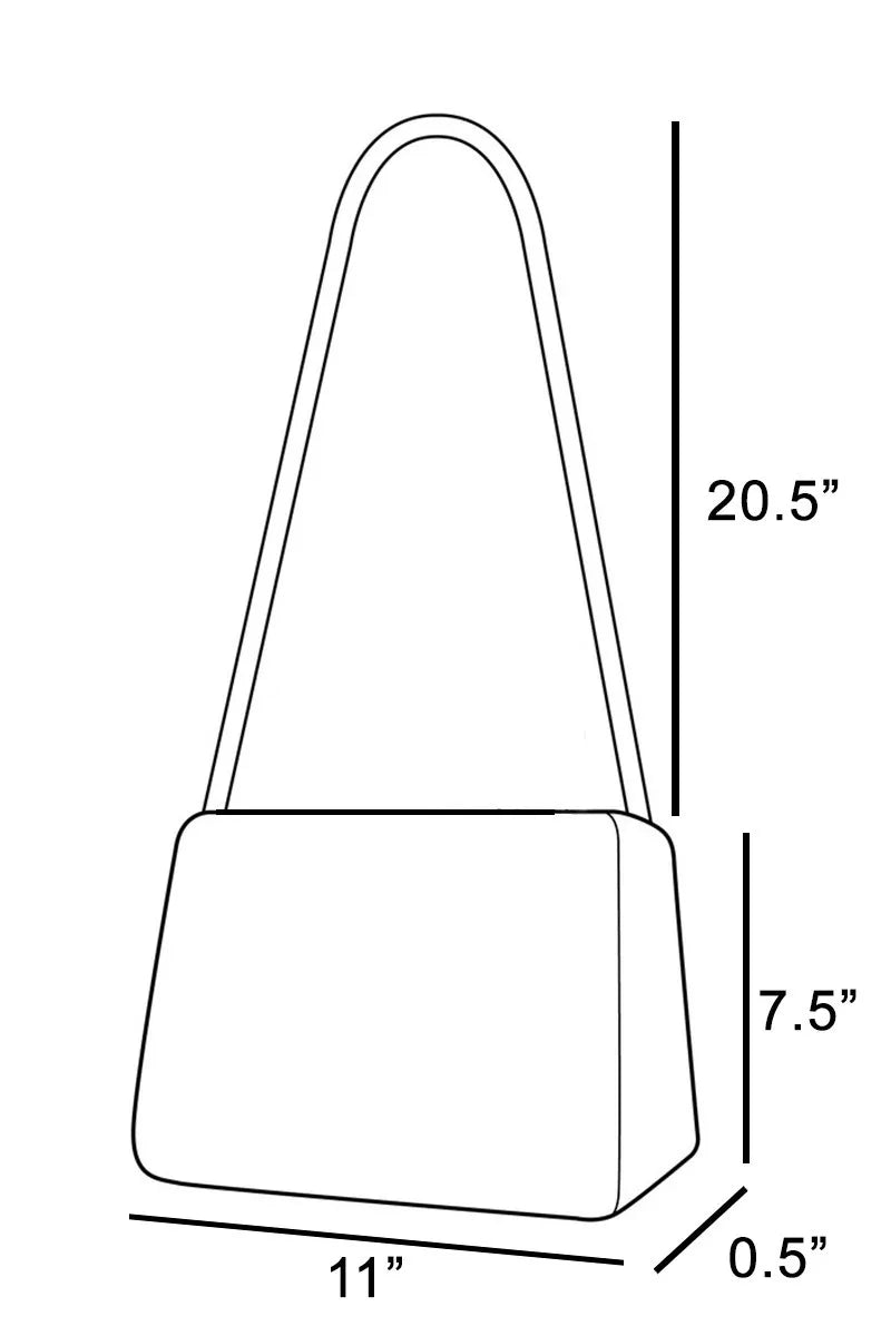 Line drawing of a handbag with dimensions labeled