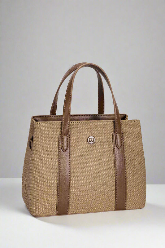 Beige handbag with brown accents on a light gray background