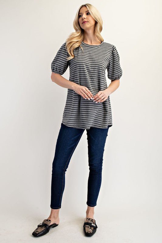 CELESTE - Black Gingham Print Puff Sleeve Top