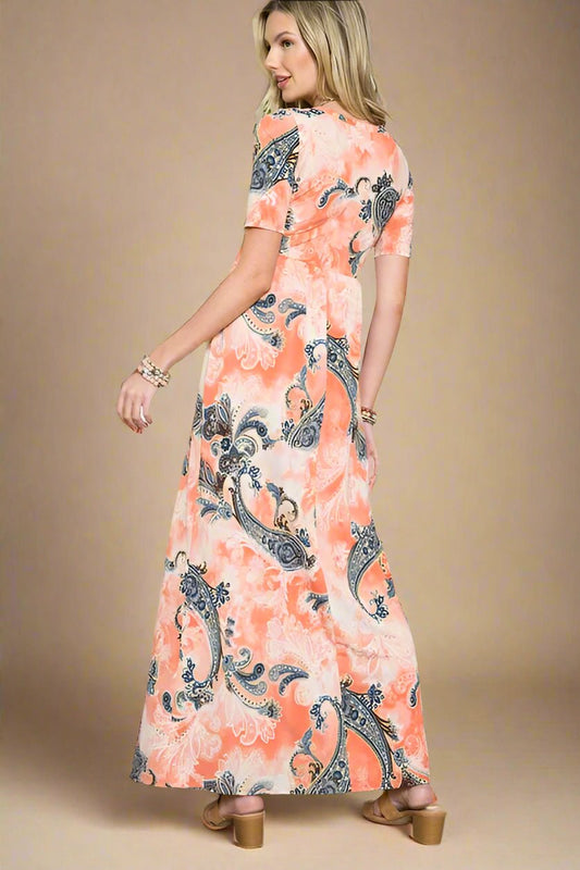CELESTE - Coral Paisley Maxi Dress