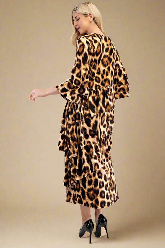 CELESTE - Leopard Print Ruffle Midi Dress