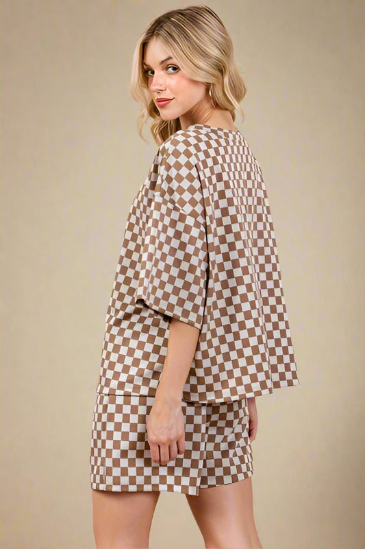 Ces Femme - Checkered Top and Shorts Set in Camel