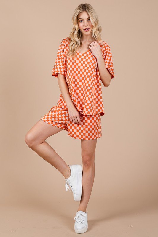 Ces Femme - Orange Checkered Top and Shorts Set