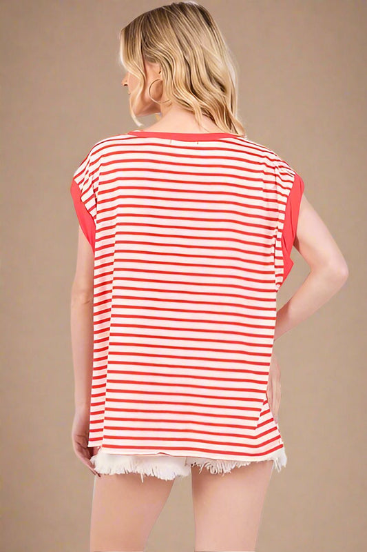 Ces Femme - Red Striped Cap Sleeve Tunic T-Shirt