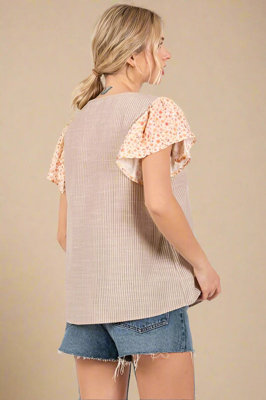 Ces Femme - Short Sleeve Floral Top in Tan