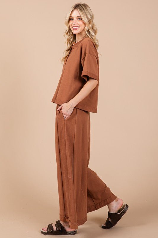 Ces Femme - Short Sleeve Top and Pants Set in Caramel