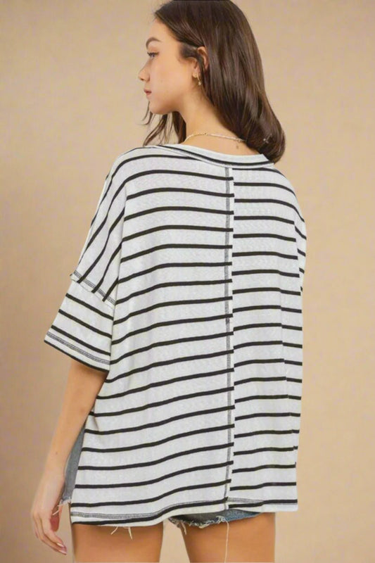 Ces Femme - White & Black Striped Half Sleeve T-Shirt