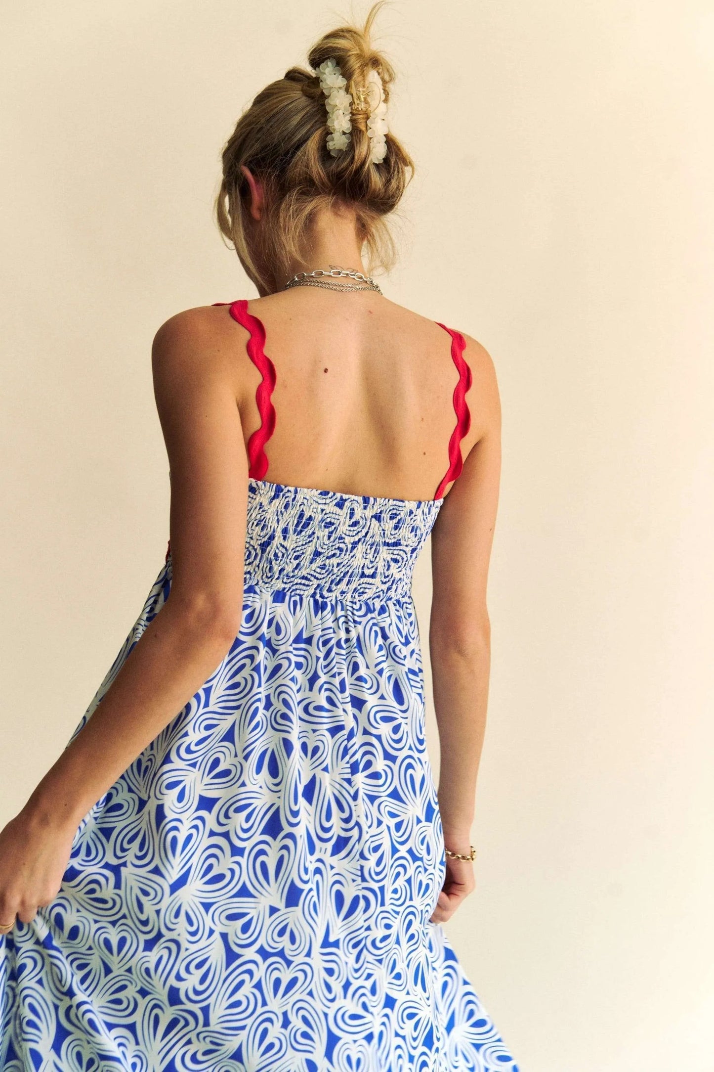 Davi & Dani - Abstract Print Maxi Dress – Blue & White with Red Trim