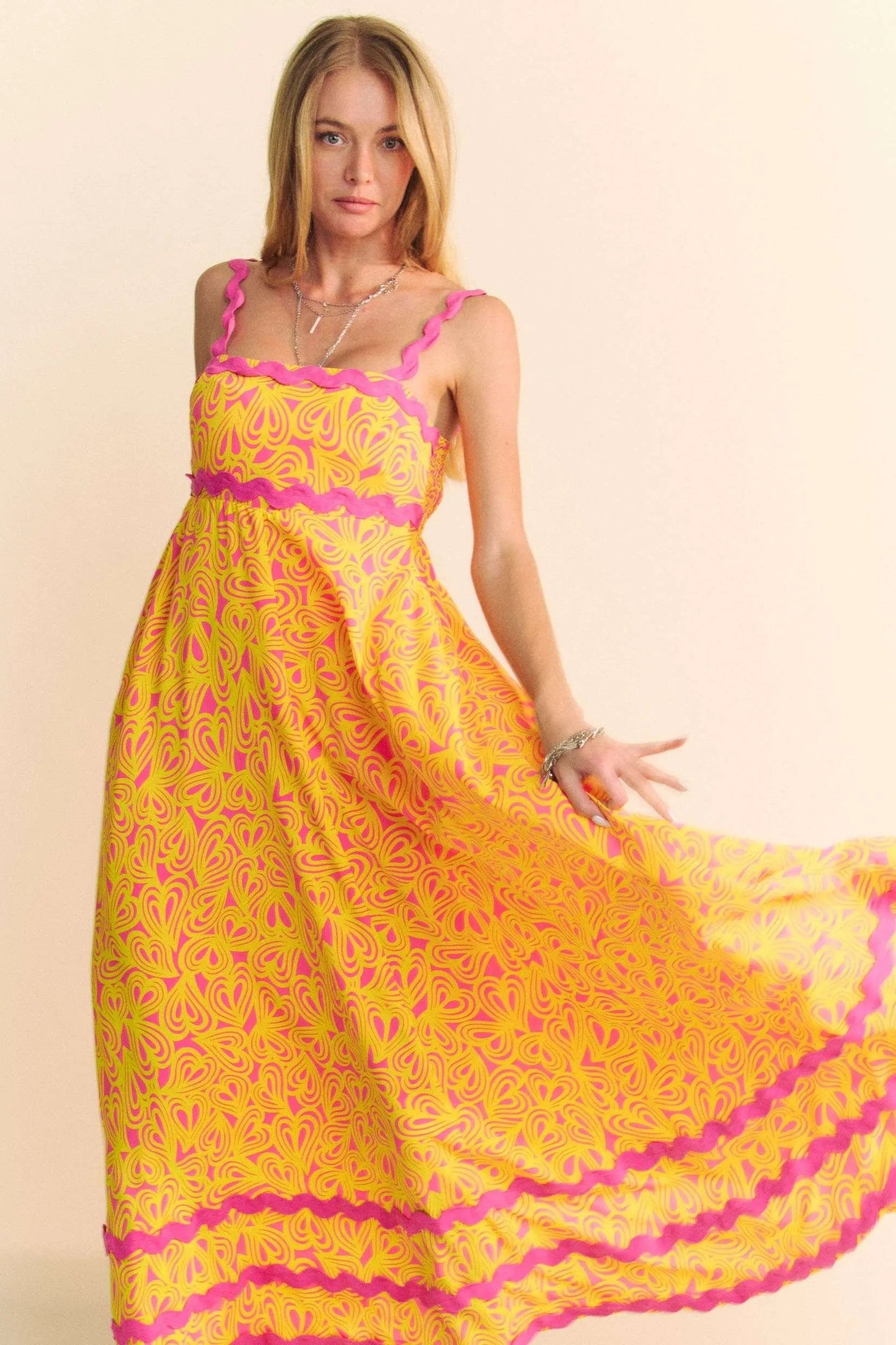 Davi & Dani - Abstract Print Maxi Dress – Yellow & Pink