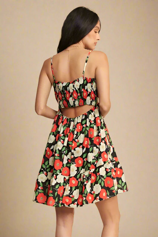 Davi & Dani - Black Floral Cutout Back Mini Dress