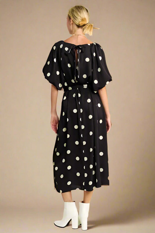 Davi & Dani - Black & Ivory Polka Dot Puff Sleeve Midi Dress