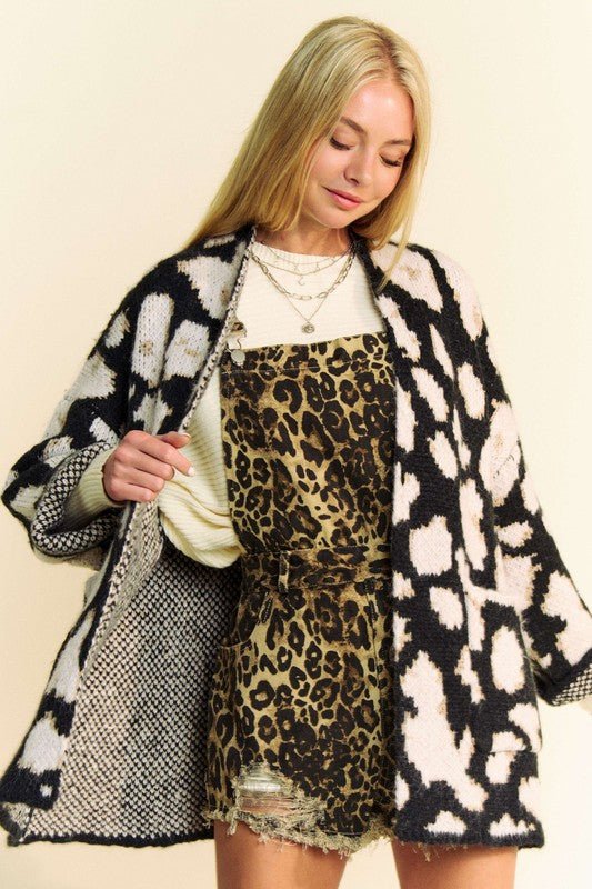 Davi & Dani - Black Leopard Open Front Long Sleeve Cardigan