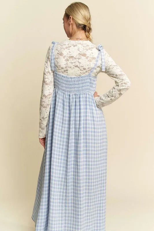 Davi & Dani - Blue Gingham Smocked Maxi Dress with Shoulder Ties