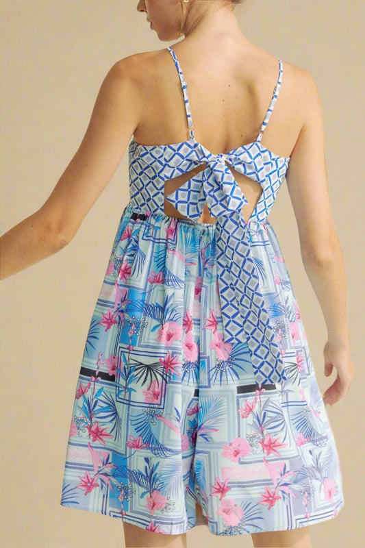 Davi & Dani - Blue & Pink Geometric Floral Romper