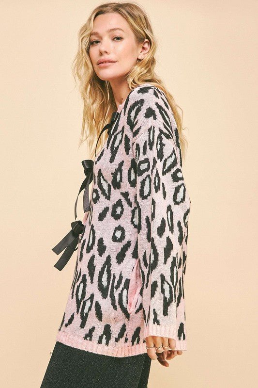 Davi & Dani - Blush Pink Leopard Print Tie Front Cardigan