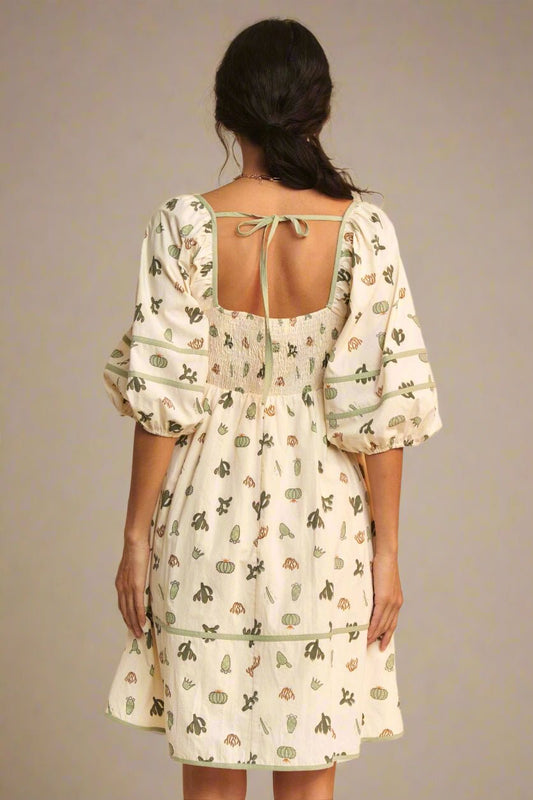 Davi & Dani - Cactus Print Puff Sleeve Mini Dress – Ivory & Green