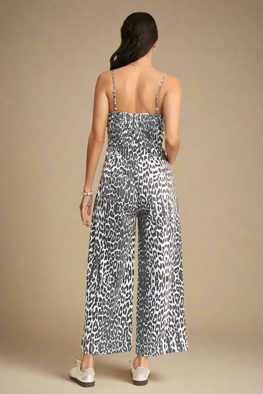 Davi & Dani - Charcoal Blue Leopard Print Wide Leg Jumpsuit