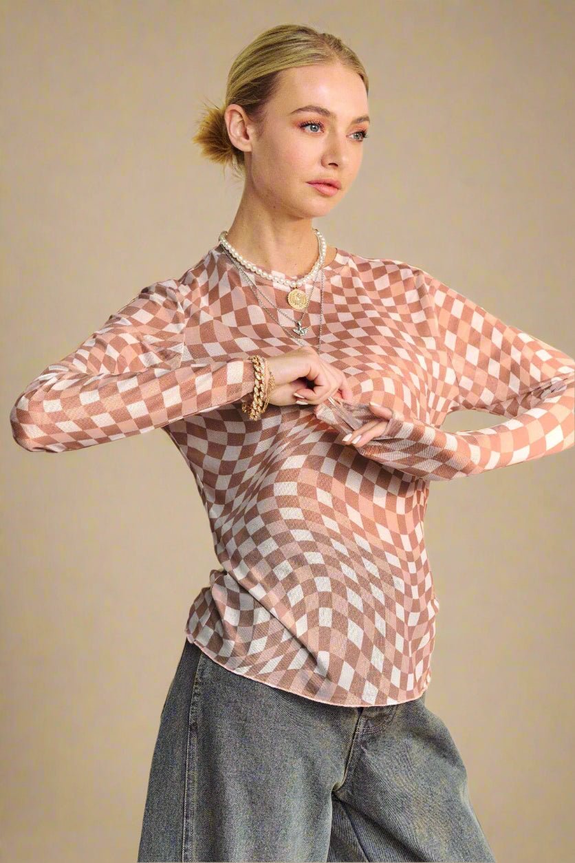 Davi & Dani - Checkered Mesh Long Sleeve Top – Mocha & Cream