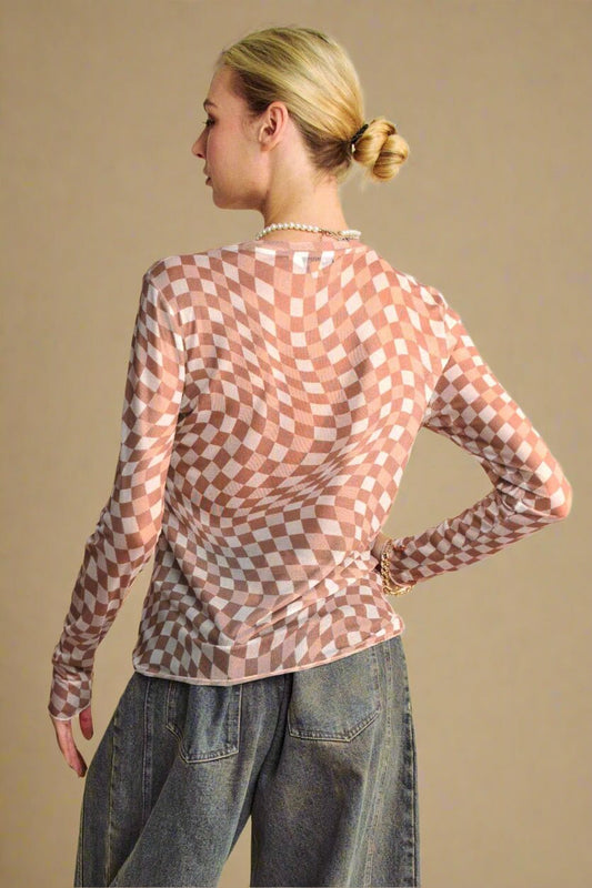 Davi & Dani - Checkered Mesh Long Sleeve Top – Mocha & Cream