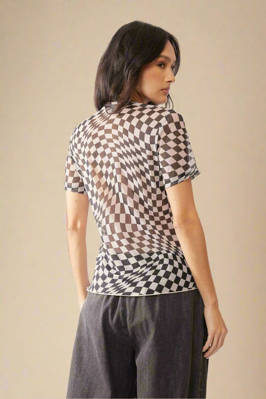 Davi & Dani - Checkered Mesh Short Sleeve Top – Black & White