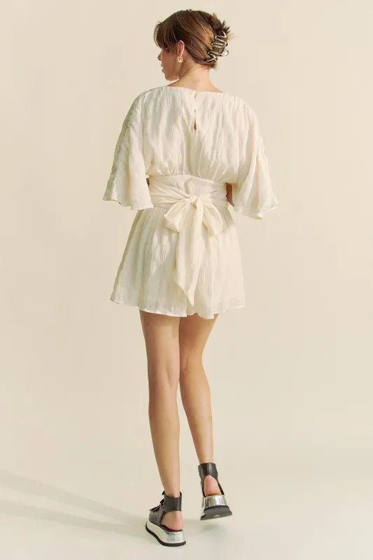 Davi & Dani - Crinkled V - Neck Romper in Soft Ivory