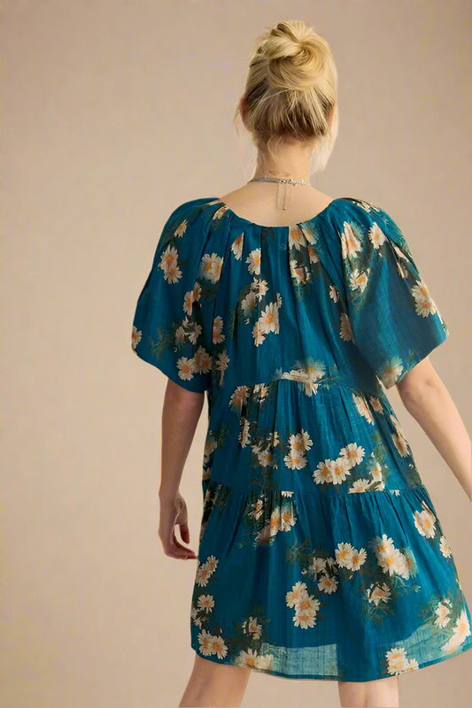 Davi & Dani - Daisy Print Babydoll Mini Dress – Teal Blossom
