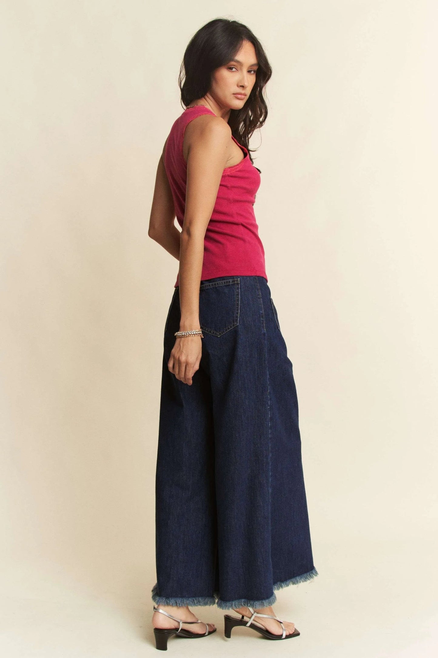 Davi & Dani - Dark Wash Wide Leg Jeans with Patch Pockets and Frayed Hem