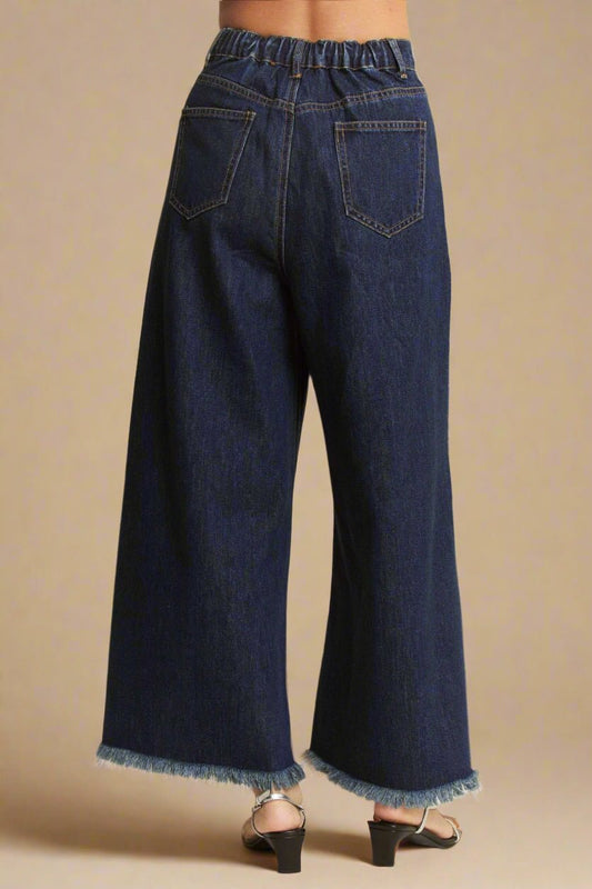Davi & Dani - Dark Wash Wide Leg Jeans with Patch Pockets and Frayed Hem