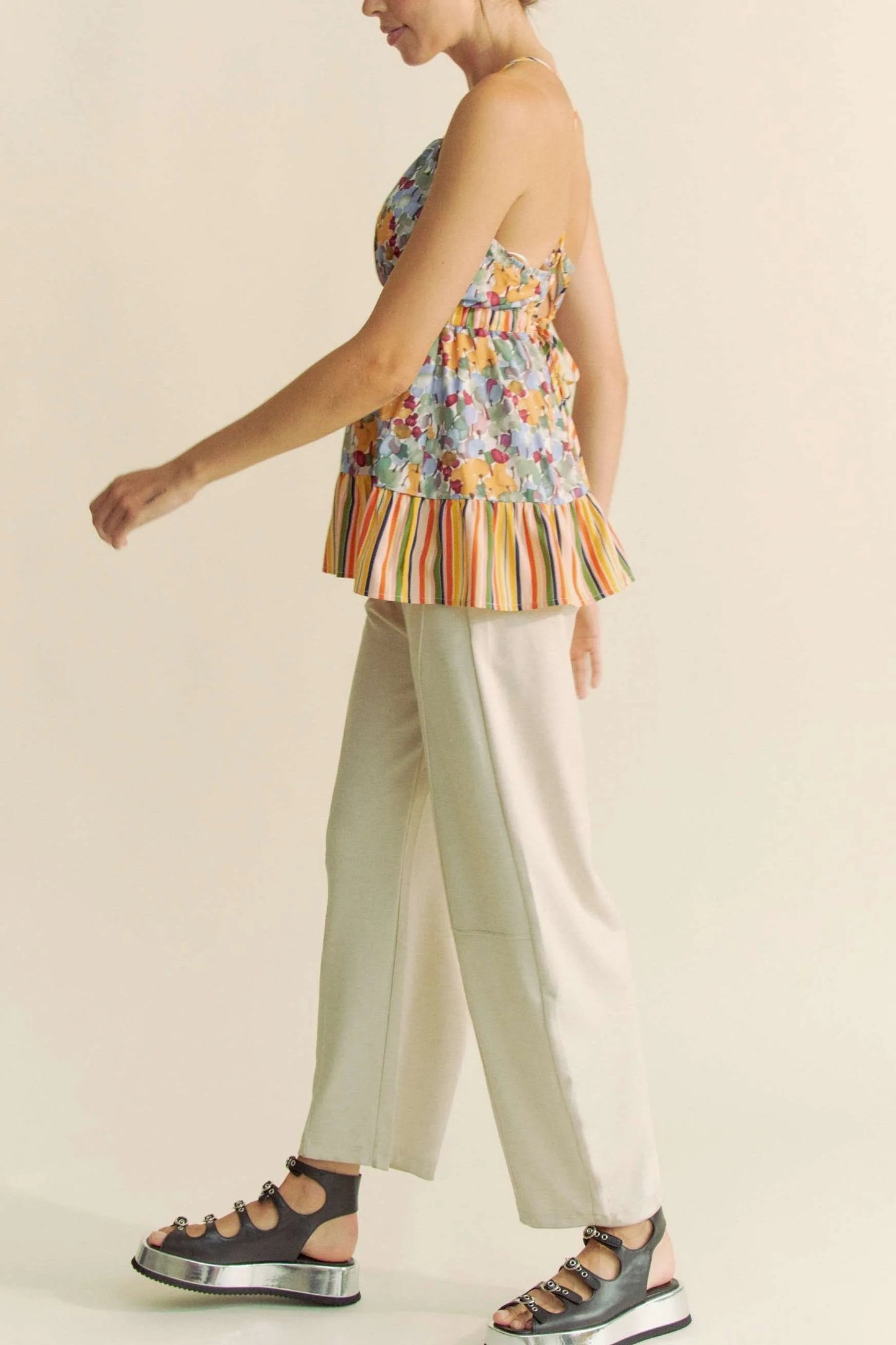 Davi & Dani - Floral and Stripe Print Peplum Cami – Sage Multi