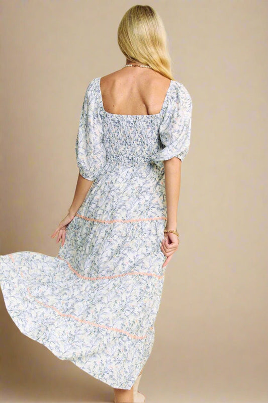 Davi & Dani - Floral Smocked Puff Sleeve Maxi Dress – Blue & White
