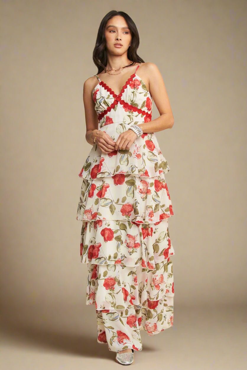 fitted lace wedding dress DAVI & DANI Floral Tiered Ruffle Maxi Dress – White & Red – Beach Rose Co