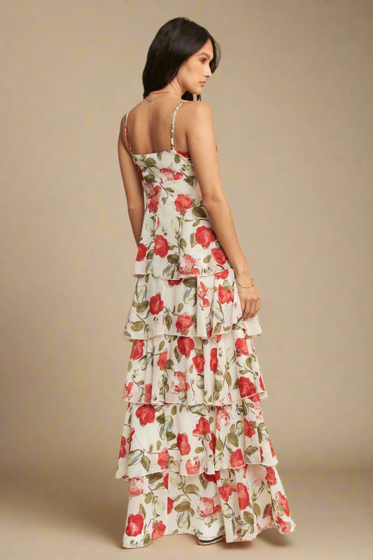 Davi & Dani - Floral Tiered Ruffle Maxi Dress – White & Red