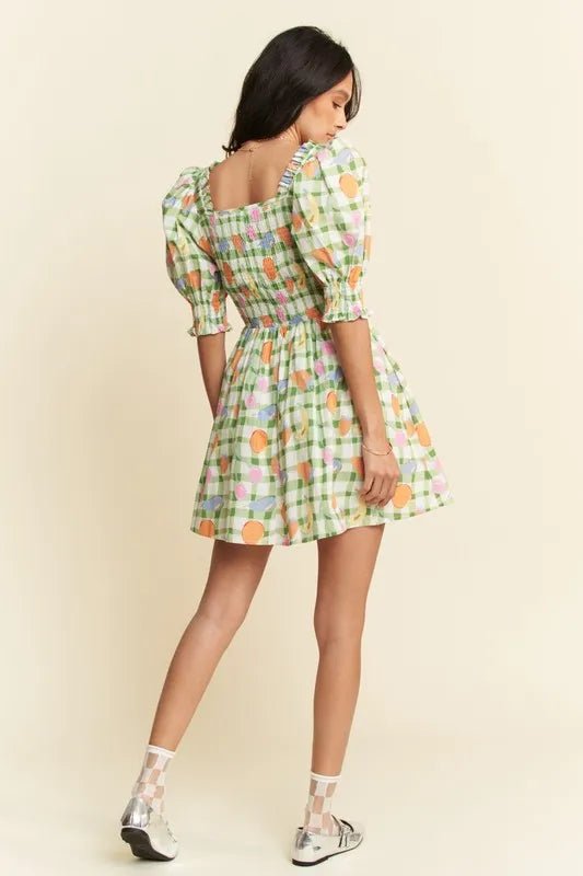 Davi & Dani - Green Gingham Fruit Print Puff Sleeve Mini Dress