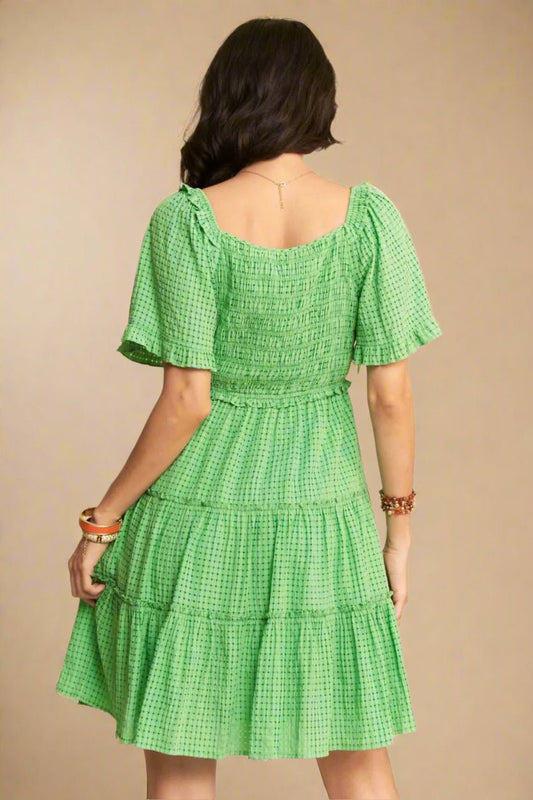 Davi & Dani - Green Smocked Puff Sleeve Tiered Mini Dress