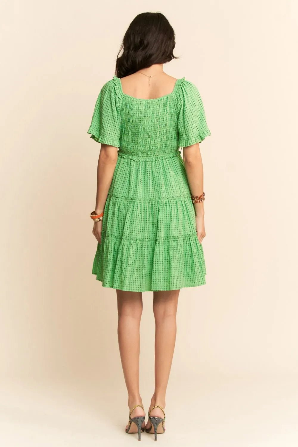 Davi & Dani - Green Smocked Puff Sleeve Tiered Mini Dress