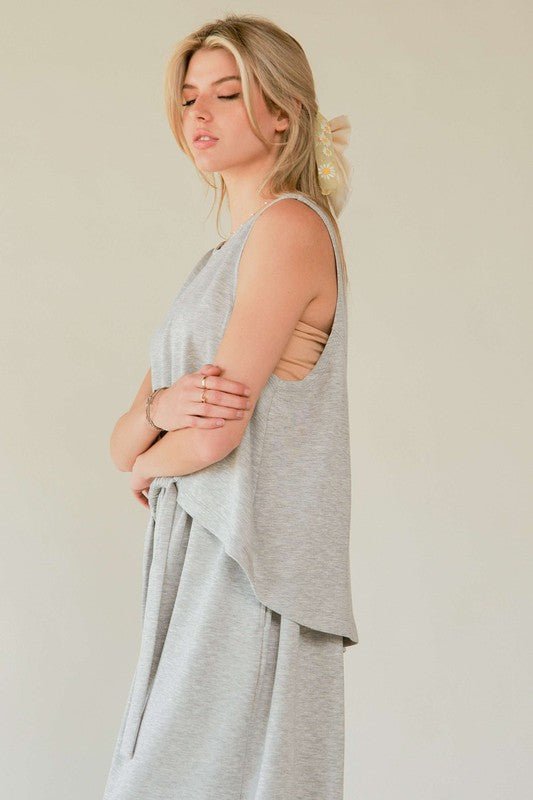 Davi & Dani - Heather Gray Drawstring Hem Tank and Pants Set