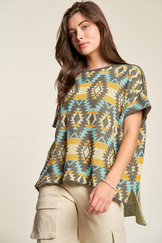 Davi & Dani - High - Low Hem Aztec Print Knit Top in Seafoam & Yellow