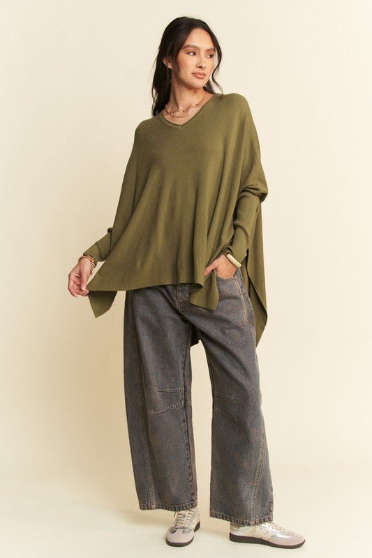 Davi & Dani - High - Low Hem Batwing Sleeve Tunic Top in Olive